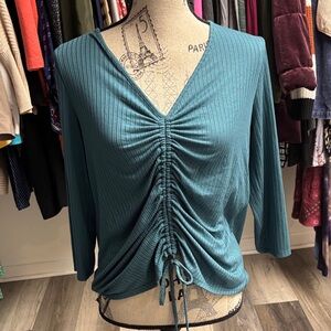 Teal Ruched V-Neck Blouse